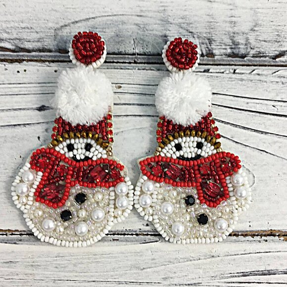 Puff Top Jeweled Seed Beaded Festive Christmas Snowman Earrings - Picture 1 of 2
